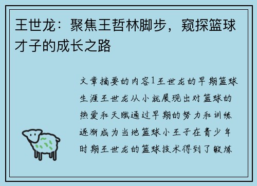 王世龙：聚焦王哲林脚步，窥探篮球才子的成长之路